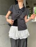 Daiiibabyyy  Women's Blouse Retro Cotton Woven White Blouses Short Sleeve Solid Color Loose Fit Shirt Button Up Puffed Sleeve Gray Top