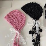 DAIIIBABYYY  -  Korean Ins Hand-woven Lace Bow Decorative Pullover Hat Women's Summer Street Fashion Hollow Breathable Knitted Beanie Cap