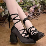DAIIIBABYYY  -  Sweet Lolita Ballet Style Pumps Women's Big Size 43 Pink High Heels Shoes Ribbon Cross Lace-up Mary Jane Shoes