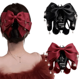 Daiiibabyyy  2Pcs Non-Slip Multi-Layer Bow Hair Claw Large Size Satin Fabric Tassel Pendant Shark Clip Acrylic Crystal Teardrop Hair Clips