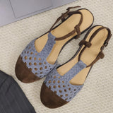 Daiiibabyyy  Comfort Round Toe Woven Hollow Flat Sandals for Women Splicing T-strap Buckle Roman Sandals Elegant Low Heel Party Dress Pumps