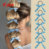 Daiiibabyyy  6 Pcs Ladies' Elastic Hair Bands Set Korean Silk Ribbon Bow Retro Jk Lolita Headwear Hair Ties High-quality Hair Accessories