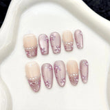 Daiiibabyyy  10pcs Handmade Press On Nails Light Purple French Style Cat's Eye False Nails Gentle Flower Designs Wearable Fake Nail Tips