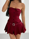 Daiiibabyyy  Women's Sleeveless Strapless Midi Dress with Pleated Skirt Corset Top High Waist Slim Fit Deep Red Elegant Solid Color Fitted