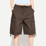 Daiiibabyyy  Women's Summer Shorts Cotton Mid Waist Drawstring Short Pants Olive Green Flap Pocket Casual Shorts Brown Loose Fit Cargo Shorts