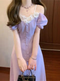 DAIIIBABYYY  -  French Gentle Splicing Lace Purple Bubble Sleeve Dress For Women Summer New Style High End Concealed Waist Elegant Long Dresses