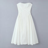 Daiiibabyyy  Sexy White Slash Collar Backless Midi Long Strapless Dress Women Pleated Folded Low Waist Pleated Ruched Hem Swing Party Robe