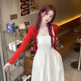 DAIIIBABYYY  -  Fashionable Open Cardigan Waist Cinched Strap Dress Women's Summer Gentle Wind Two-Piece Set Slimming Knee-Length Skirt