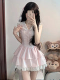 DAIIIBABYYY  -  Sweet Slim Pink Dress Women Cute Preppy Style Sailor Collar Mini Dress Casual Retro Japan Lace Patchwork Kawaii Cake Dress