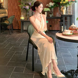 Daiiibabyyy  2026 French Fashionable Elegant Satin Evening Gown Women's Backless V-neck Halter Camisole Long Dress Sexy Chic Banquet Gown