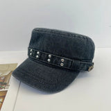 Daiiibabyyy  Fashion Cloth Rivet Denim Beret Y2k Korean Style Rivet Flat Top Washed Denim Fashion Retro Painter Hat Outdoor
