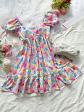 Daiiibabyyy  Women Summer Floral Print Bubble Sleeve Loose Fit A-Line Dress With Ruffles