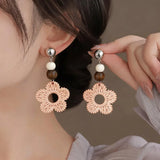Daiiibabyyy  Bohomian Woven Rattan Hollow Out Flower Drop Earrings for Women Retro Wooden Beads Dangle Earrings Vacation Party Jewelry K