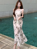 DAIIIBABYYY  -  New Print Mesh Sling Long Dress Summer Elegant Beach Style Holiday Dress Women Korean Fashion Bodycon Ruffled Mermaid Dress