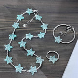 Daiiibabyyy  Summer Mint Blue Starfish Beaded Necklace Bracelet Ring Seaside Vacation Jewelry Set For Women And Girls Boho style