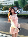 Daiiibabyyy  Y2k Sweet Elegant Fashion Pink 2 Piece Sets Women Design White Lace Tops + Slim Cute Dress Japanese Chic Korean Popular Clothes
