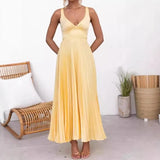 Daiiibabyyy  Summer Woman Dress Spaghetti Strap V Neck Maxi Dress Pleated A Line Silhouette Elegant Party Evening Dress Yellow Teal Emerald