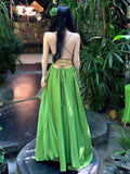 Daiiibabyyy  French Style Holiday Backless Beach Green Dress Women Summer Sleeveless Strap Bandage Long Dress Fashion  Evening Party Dresses
