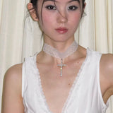 Daiiibabyyy  Korean Kpop Sweet Lace Strap Choker Necklace for Women Girls Cool CZ Cross Pendant Clavicle Chain Gothic Jewelry Party Gift