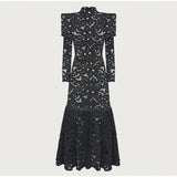 DAIIIBABYYY  -  Elegant Hollow Out Lace Maxi White Dress Women's Fashion Mock Neck Long Sleeved Shoulder Padded Robe Evening Females Wear