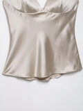 Daiiibabyyy  Backless Suspenders Heart Shaped Collar Satin Textured Top Women's Summer Gentle Temperament Solid Color Self Cultivation Sling