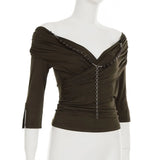 Daiiibabyyy  Beaded Design Low Cut V-neck Pleated One Shoulder Split Half Sleeved Top Sexy Temperament Spicy Girl T-shirt