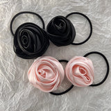 Daiiibabyyy Pink Black Rose Satin Flower Elastic Hair Band Scrunchie Korean Elegant High Quality Ponytail Hair Rope Women Hair Accessories