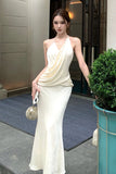 Daiiibabyyy  2026 French Fashionable Elegant Satin Evening Gown Women's Backless V-neck Halter Camisole Long Dress Sexy Chic Banquet Gown