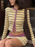 Daiiibabyyy  Women Striped 2 Piece Outfit Long Sleeve Button Cropped Top High Waist Mini Bodycon Skirt Set Y2K Casual Matching Suit Streetwea