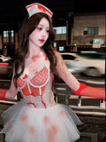 Daiiibabyyy  Sexy Maid Costume Set Halloween Sweetheart Nurse Lace Strap Mesh Pure Desire Puffy Skirt Two-Piece Suit for Women