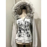 Daiiibabyyy  Grey Faux Fur Wool Double Zipper Jacket Hoodies Women's Slim Waist Hooded Vintage Y2k Coats Ropa Mujer Casual Fashion Sweatshirt