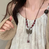 DAIIIBABYYY  -  National Style Color Beads Butterflies Necklace Female Temperament Thin Rope Collarbone Chain Adjustable Chain Jewelry