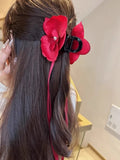 DAIIIBABYYY  -  RED Phalaenopsis Orchid Long Ribbon Hair Claw Flower Shark Clip Women Fairy Flower Hairpin Headwear Hair Accessories