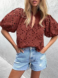 DAIIIBABYYY  -  Half Lantern Sleeve Fashion Tops, Women Summer Loungewear Solid Hollow Out Blouses, Ruffled Elegant Ladies Pullover Shirts