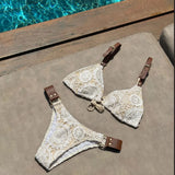 Daiiibabyyy  Sexy Bandage Bikini Set with Belt Female Brazilian Bikinis Halter Swimwear Women Swimsuit Bathing Suit Biquini