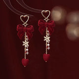 Daiiibabyyy  Red Flocked Bowknot Snowflake Star Heart Long Earrings Christmas Sweet Fashion Jewelry Women New Year Gifts