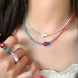 DAIIIBABYYY  -  Fashion Aesthetic Cute Ceramic Red Blue Mushroom Beaded Contrast Design Choker Necklace 2025 Summer Y2K Charms Jewelry For Women