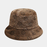 Daiiibabyyy  Women Autumn Winter Printed Plush Bucket Hat Vintage Floral Print Fluffy Hat Korean Warm Fisherman Hats