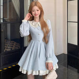 Daiiibabyyy  New Autumn Long Sleeve Tweed Midi Dress Elagant Female Peter Pan Collar Princess Dress Vintage Lace Patchwork Party Dress
