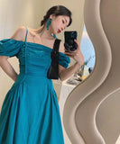 DAIIIBABYYY  -  Korean Summer Square Collar Pocket Design Bubble Sleeve Dress For Women French Minimalist Style Slash Neck Sling Length Dresses