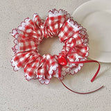 Daiiibabyyy  1PC Red And White Plaid Scrunchie With Lace Trim And Heart Button,Cute Hair Accessory For Women, Stylish Hair Tie For Daily Wear