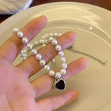 Daiiibabyyy Gothic Vintage Fashion Black Heart Pendant Pearl Beaded Necklace For Girl EMO 2000s Harajuku Y2k Aesthetic Jewelry Accessory