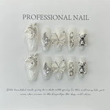 Daiiibabyyy 10Pcs White Butterfly Ballet Handmade Press On Nails Long False Nails with Moon Pearl Decor Wearable Manicure Fake Nail Tips Art
