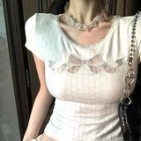DAIIIBABYYY  -  Trend Lace Top Tee Women Clothing Fashionable Perspective Slim O-neck Short Sleeve T-Shirt Summer Simplicity Patchwork Top Tee