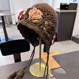 Daiiibabyyy  Flower Knitted Hat Women's New Autumn Japanese Retro Hat Literary Temperament Versatile Ear Protectort Hat Female