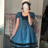 DAIIIBABYYY  -  Fashion Square Collar Age Reduction Puff Sleeve Summer New Clothes Vintage Plaid Preppy Style Sweet Bow Lace Ladies Dresses