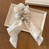 Daiiibabyyy  1PC Chiffon Scrunchies with Bow & Pearl: Watercolor Print Hair Ties for Women, Elegant Hair Accessories for Daily & Party Looks