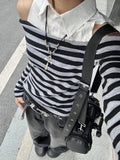 Daiiibabyyy  Early Autumn Slim Fit Split Two-Piece Striped One Shoulder Shirt Women Fall New Arrival Long Sleeve Top
