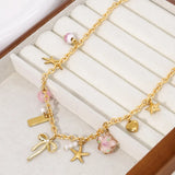 Daiiibabyyy  1pc Vintage Style Stainless Steel Charm Necklace for Women Starfish Bow Heart Pendants Fashion Jewelry for Daily and Party Wear