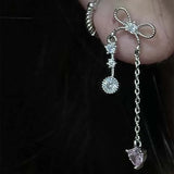 Daiiibabyyy  1Pcs Pink Zircon Heart Bowknot Chain Ear Bone Nail For Women Girls Sweet Cute Silver Color Piercing Earrings Y2K Jewelry